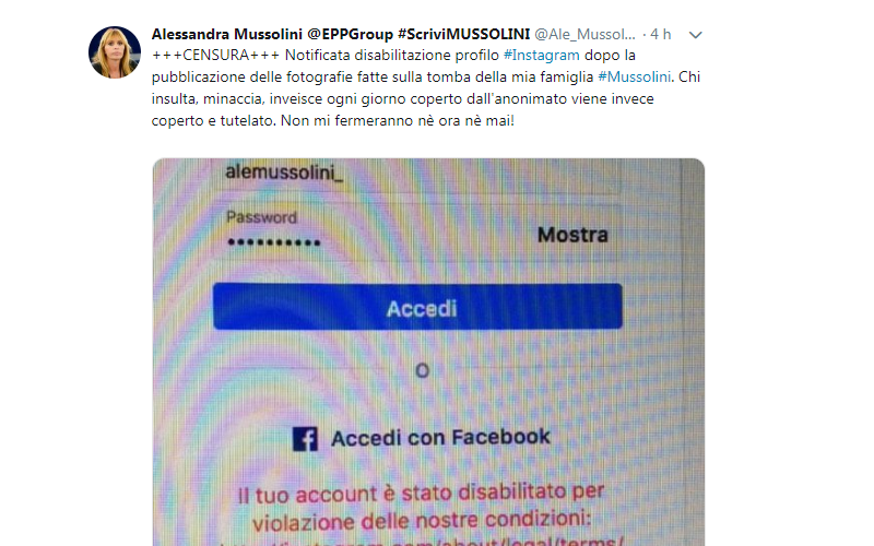 Instagram chiude l’account di Alessandra Mussolini, lei non ci sta: «Censura!»