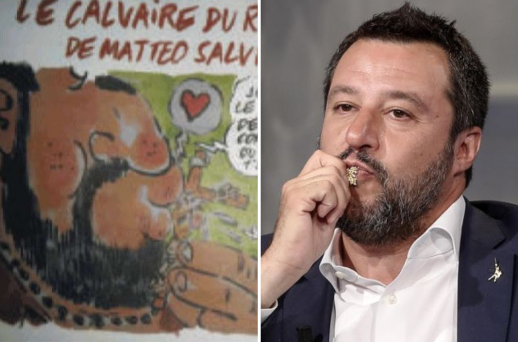 Salvini bacia il Crocifisso, ma lui bestemmia: la vignetta di Charlie Hebdo