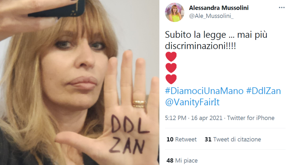 Persino Alessandra Mussolini è a favore della Legge Zan
